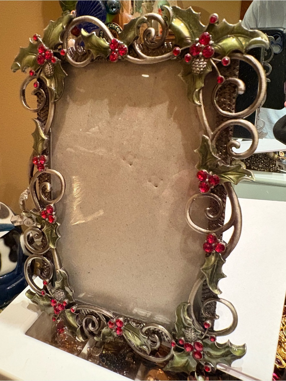 Enameled Green Holly Silver Punecone Red Crystal Bejeweled 4” x 6” Picture Frame